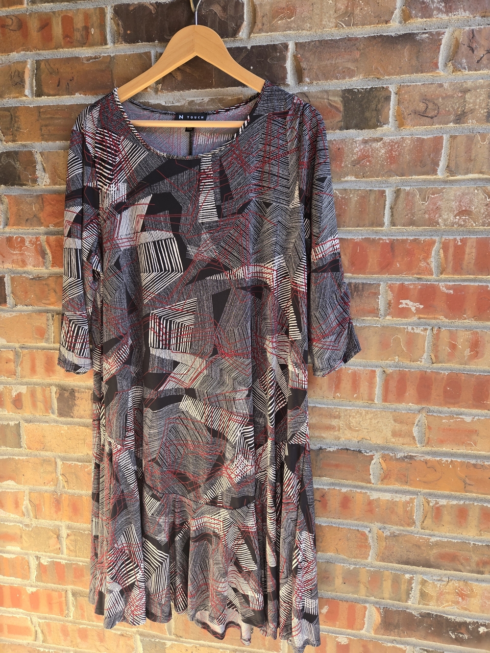 Women’s Abstract Geometric Midi Dress in Black, Gray & Red Slinky Flowy